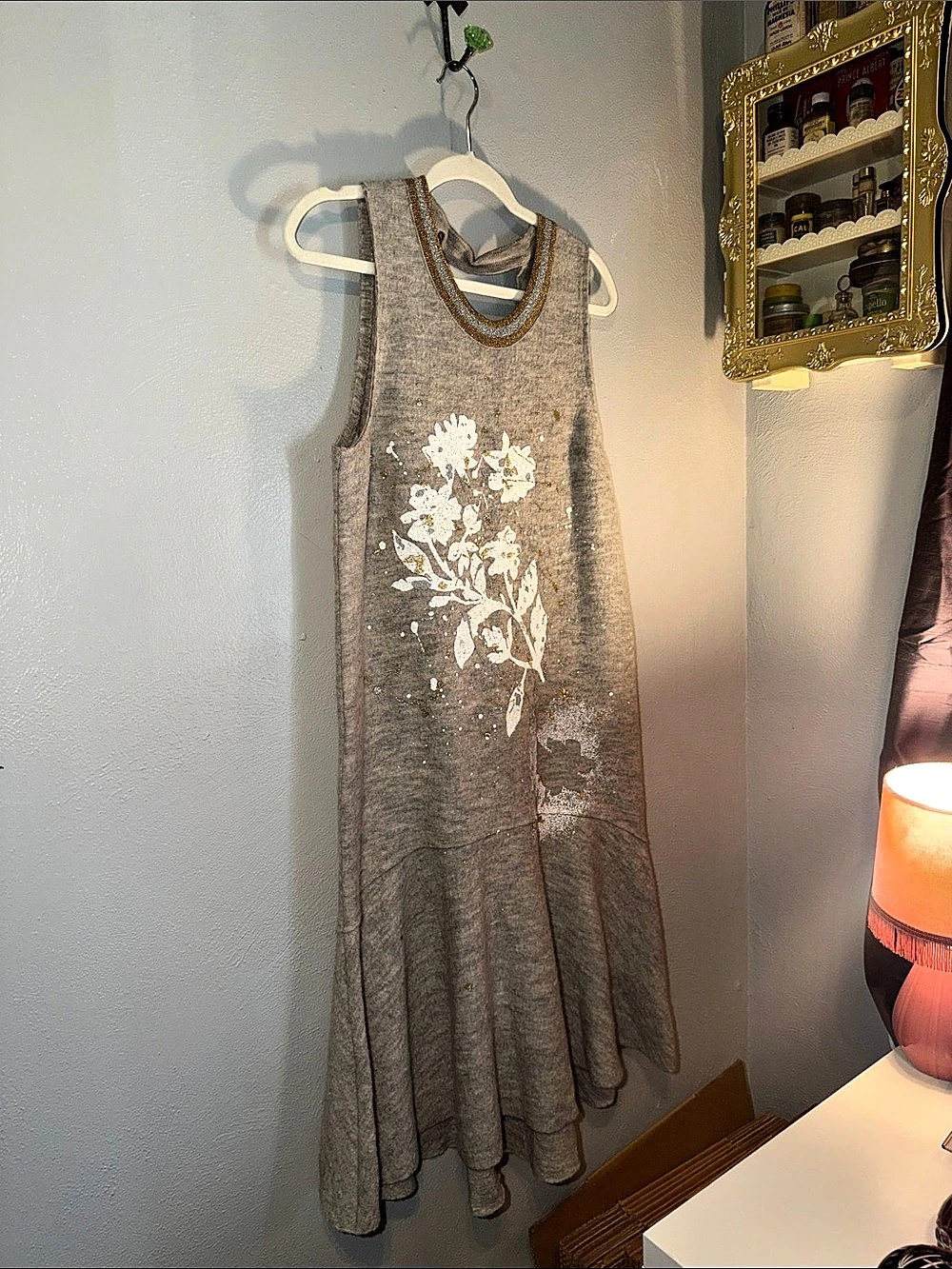Knitted & Knotted Floral Wool Midi Dress in Gray & White